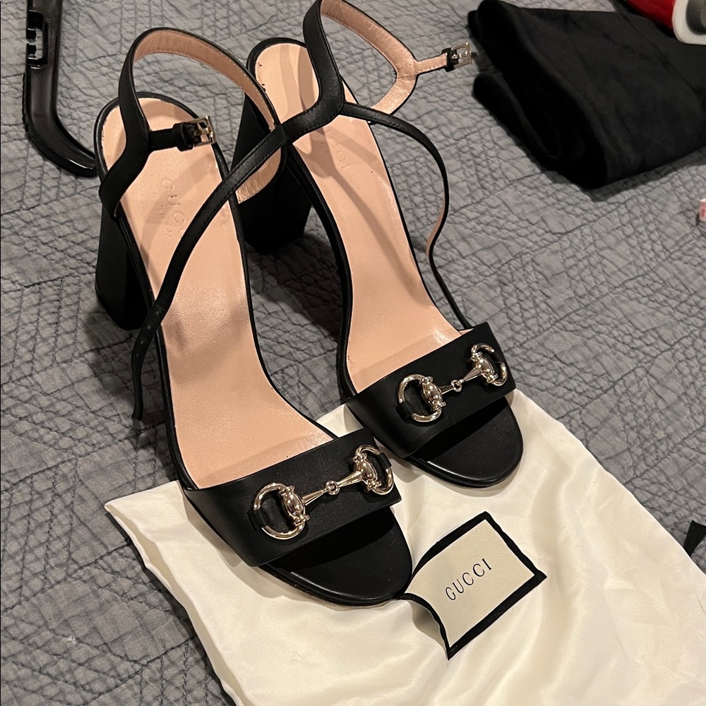 Gucci Black Leather Heeled Sandals with Silver Accents